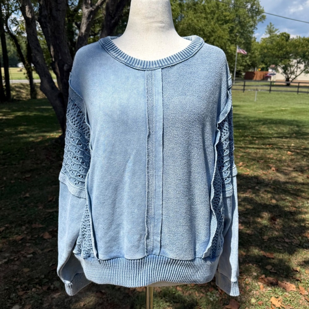 Arula Womens 1X Light Blue Acid Wash Crochet Panel Seam Detail Sweatshirt Top